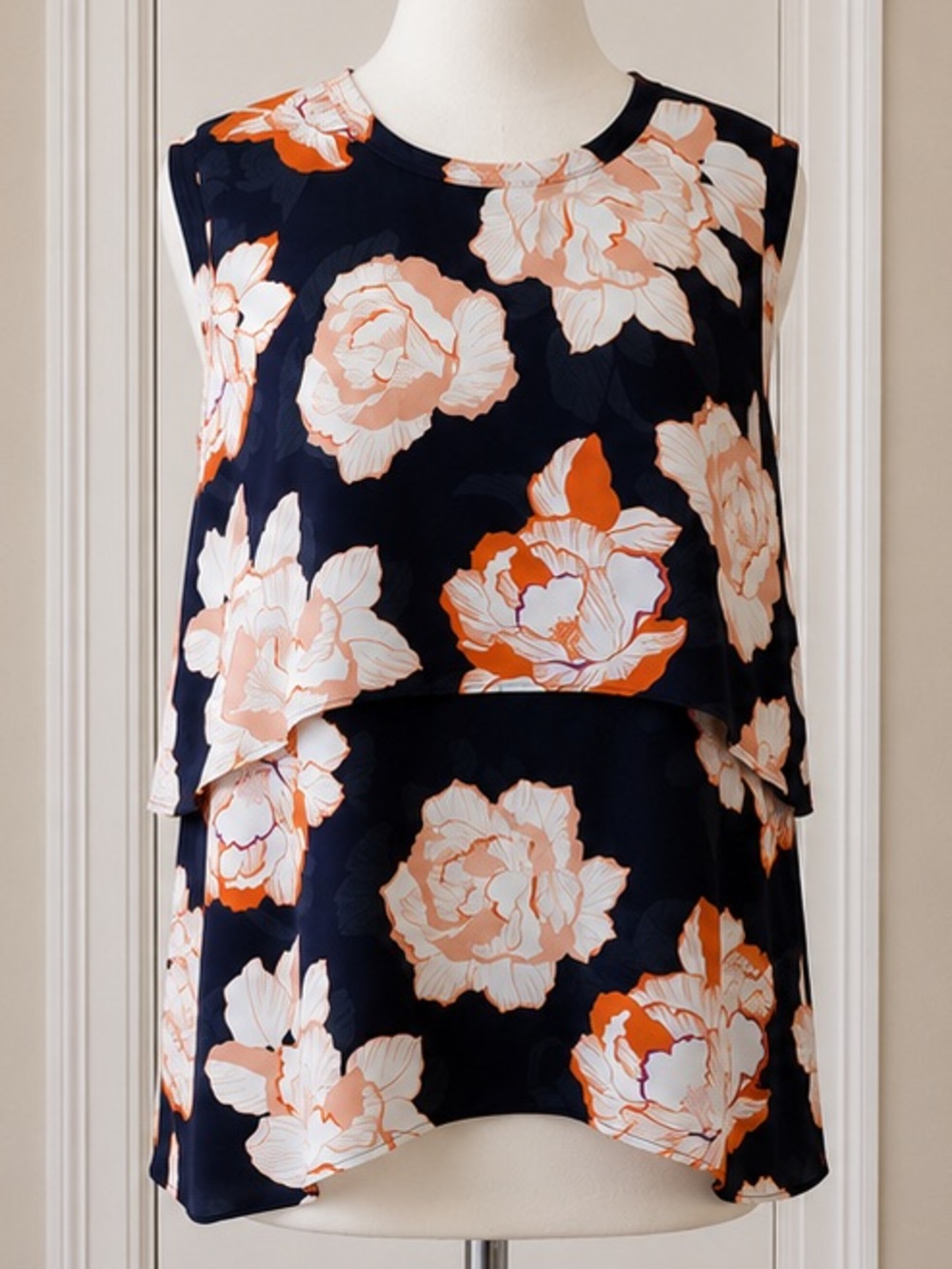 CAbi Navy Orange Floral Blouse Sleeveless Size Medium